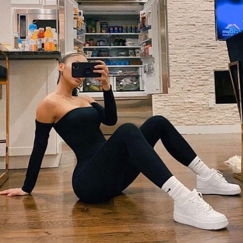 Tufaha Autumn Women Sexy Strapless Jumpsuit Streetwear Long Sleeve Bodycon Solid Winter Sport Fitness Romper Overalls For Women