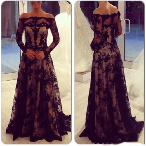 Long Sleeve Lace Mother of the Bride Dress Off Shoulder Floor Length A Line 2018 Modern Women Formal Evening Gowns