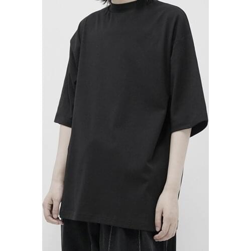 Large couple dark Yamamoto style half high neck womens T-shirt loose short sleeve T-shirt loose T-shirt backing