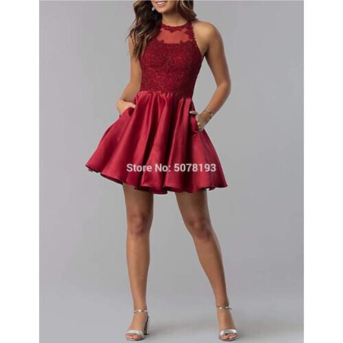 7813 red Hot sale halter sleeveless A-line above-knee matte satin homecoming dresses/formal gowns appliques 2019 free shipping