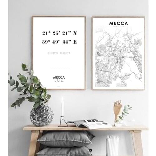 Mecca Saudi Arabia Map Art Prints Black White Minimalist Poster Islamic Wall Art Canvas Painting Picture Living Room Home Decor