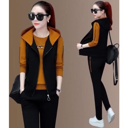 Fashion Tracksuit 3 Piece Sets Women Spring Autumn Casual Loose Sleeveless Hooded Vest Jacket Tops Sweatpants Jogging Suit X523
