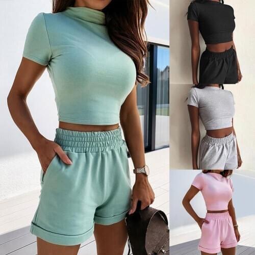 Fashion Women Casual Solid Color Crop Top Pockets Shorts Loungewear Sports Set Outfits