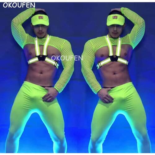 Mens Sexy Fluorescent mesh See-through leggings nightclub ds Singer dancer stage Show costumes