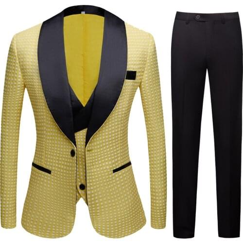 Mens gold plated black collar suit Set Wedding Yellow Dot Floral Pattern Slim Party Prom Dress Tuxedo Singers Costume Suit