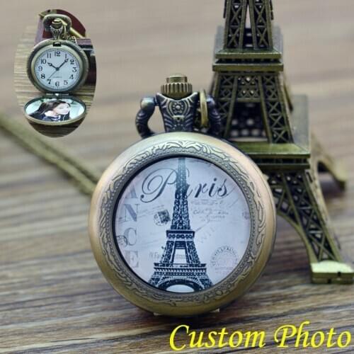 PARIS Eiffel Tower Pocket Watch Antique Locket Necklace Vintage Bronze Pocket Watch Necklace custom personal photo for gift
