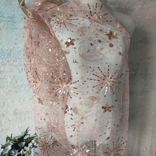 Pink High Quality Embroidered Fabric Star Moon Tulle Sequin Mesh Lace Fabric For Bridal Dress,Children Cloth,DIY By The Yard