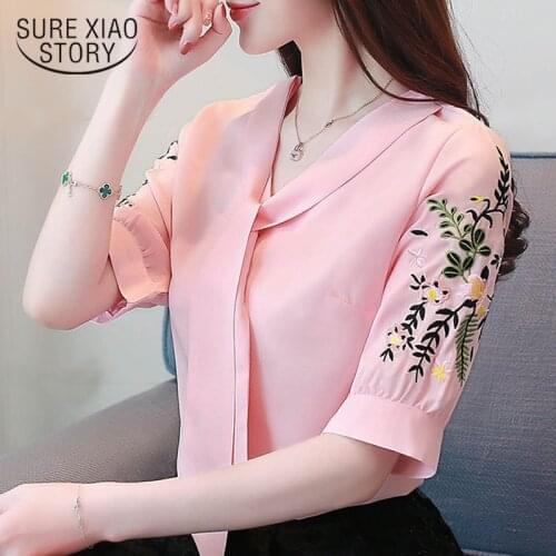 Pink chiffon blous shirt office work wear blouse women shirts short sleeve summer tops plus size womens tops and blouses 0029 60
