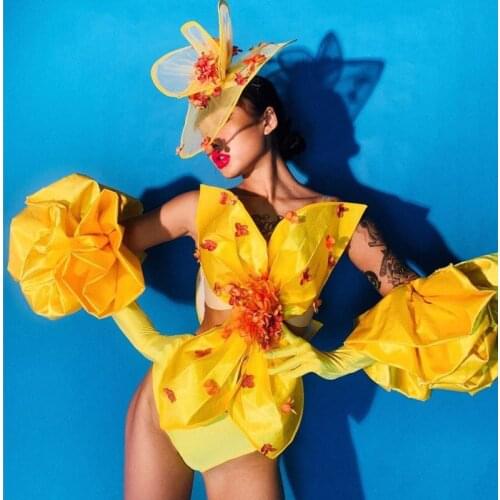New Sexy Women Bar Nightclub Dance Costume Yellow Flower Gloves Bodysuit Singer Stage Wear Party Show DJ Jazz Performance Outfit