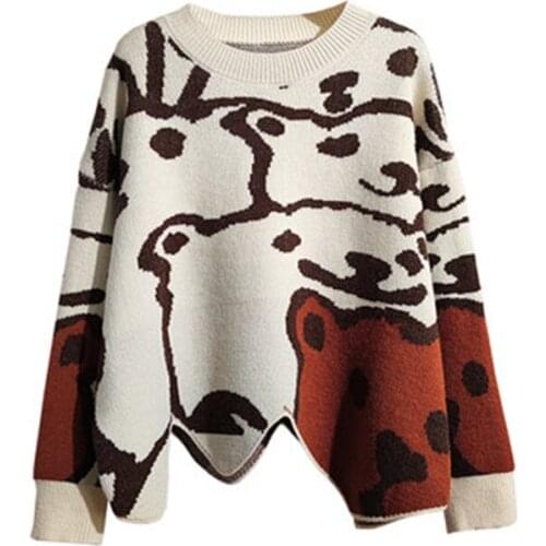21 Autumn Cartoon Bear Sweater Women O-Neck Full Sleeve Irregular Knitted Pullovers Lazy Wind Loose Cute Sweaters Female LD2144