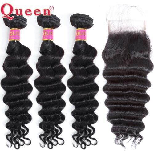 Queen Hair Products Brazilian Human Hair 3 Bundles With Closure Loose Deep More Wave Closure With Hair Weave Bundles 4 Pcs A Lot