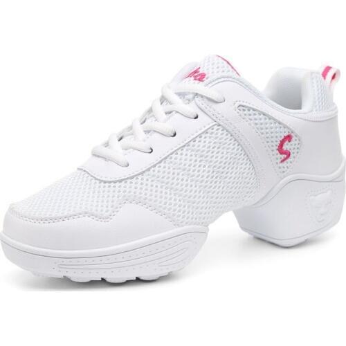 White Dance Shoes Woman Net Leather Soft Bottom Sneaker Shoes New Lady Square Mesh Jazz Fitness Square Dance Outdoor Shoes