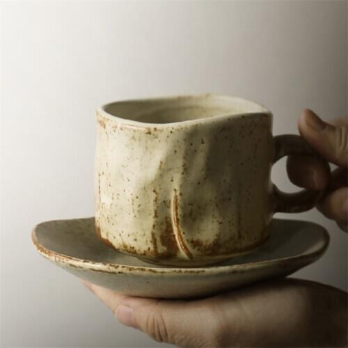 Japanese Vintage Tea Cup with Saucer Set Creative Simple Pottery Coffee Milk Cup Handmade Ceramic Office Water Cup Drinkware