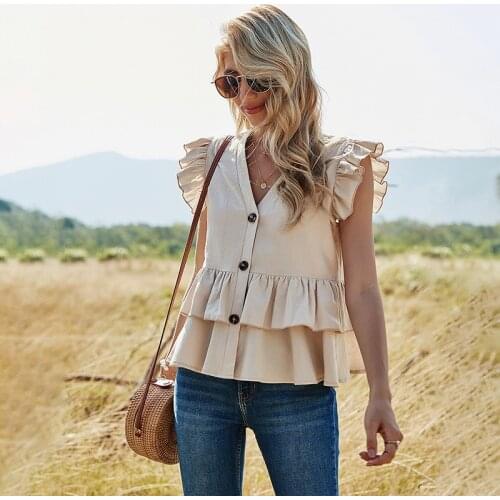 Ruffle Patchwork Short Sleeve Solid Color Button V Neck Women Shirt Summer Fashion Elegant Streetwear Plus Size Short Tees