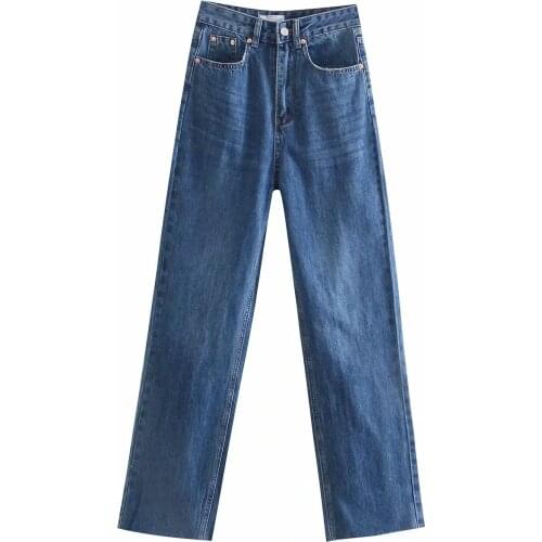 ZA 2021 women stretch versatile straight Jeans Washed full length blue denim pants pocket loose fashion High waist Trousers Lady