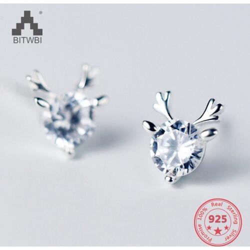 100% 925 Sterling Silver Fashion Trendy Simple Cute Natural Zircon Deer Head Animal Stud Earring