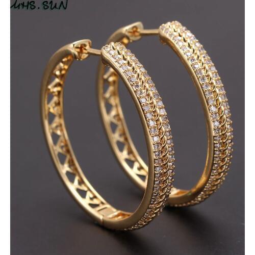 MHS.SUN Gold Color Women Zircon Hoop Earrings Fashion Hollow Design Loop Earrings For Girls Circle Ear Jewelry Vintage Style