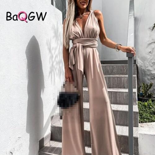 BaQGW Summer Women Elegant Jumpsuit Sexy V Neck Bandages Sleeveless Backless Loose Wide Leg Palysuits Lace Up Female Jumpsuits
