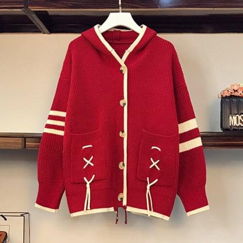 2021 Women Button Up Sweater Cardigans Sailor Collar Sweater Cardigan Korean Style Loose Hooded Tie Knitted Jacket Sweater