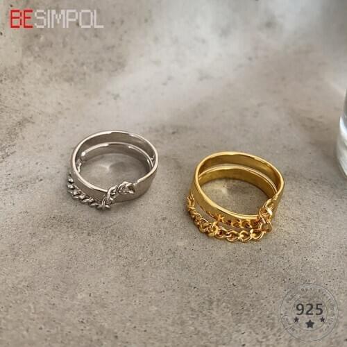 Besimpol Real 925 Sterling Silver Minimalist Circle Ring Chain Drop Adjustable Open Rings For Women Fine Jewelry Hot Party Gifts