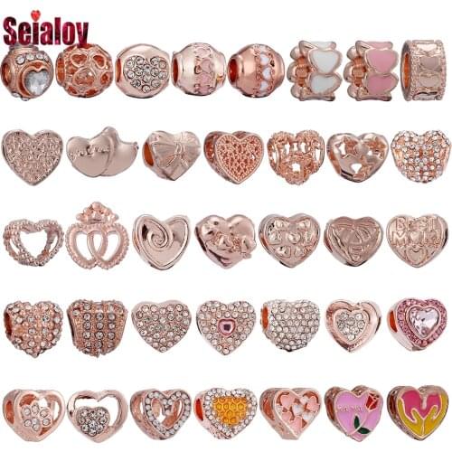 Seialoy Rose Gold Heart-shaped MOM Beaded Animal Footprint Charm Fit Bracelets Rhinestone Heart Star Beads Bangles Accessories