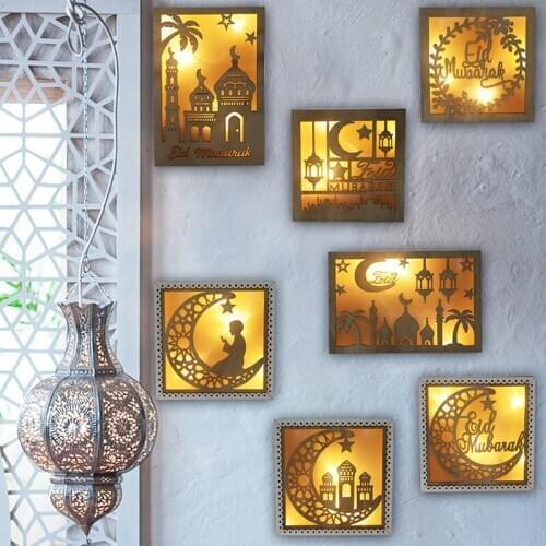 Wooden Eid Mubarak Decor hanging LED Lights lantern Ramadan Decoration For Home Star Moon Eid light Ramadan Kareem Eid Al Adha