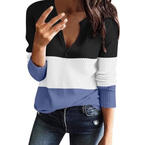 Ladies Fashion knitting Long sleeve Tshirt Classic Stripe Patchwork Pullover Summer Casual V-Neck T-shirts Leisure Time футболка