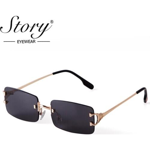 STORY Retro Rimless Rectangle Sunglasses Women Men 2021 Brand Designer 90s Vintage Frameless Sliced Square Sun Glasses S7073