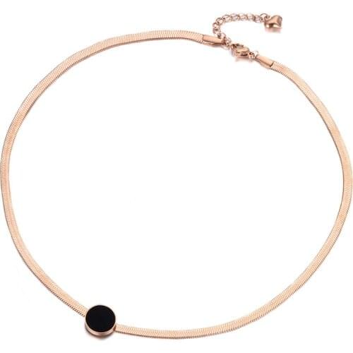 JeeMango New Arrival Sample Jewelry Stainless Steel Snake Chain Thin Necklace Rose Gold Color With Black Bbsidian Disc N18066