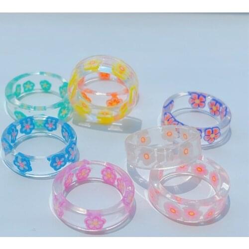 New Sweet Round Transparent Acrylic Resin Ring Geometric Pottery Clay Flower Aesthetic Finger Ring For Women Girl Summer Jewelry