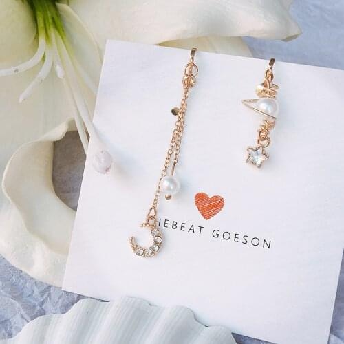 Moon and stars Korean pearl ear clip without pierced ears sweet long section earrings earrings