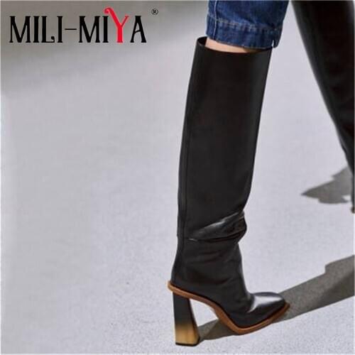 MILI-MIYA Solid Color Women Cow Leather Knee High Boots Slip-On Square Toe Fashion Design Spring/Autumn Shoes Plus Size 34-43