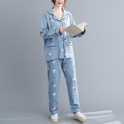 Fashion Plus Size Womens Pajamas Suit 2020 New Korean Slim Lapel Butterfly Pattern Printing Casual Home Nightgown 5B