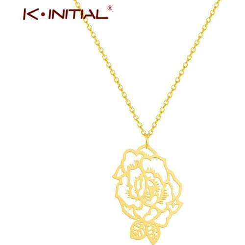 Kinitial Fashion Peony Charm Pendant Long Chain Garden Flower Necklaces Jewelry For Women Stainless Steel Bijoux Femme Collier