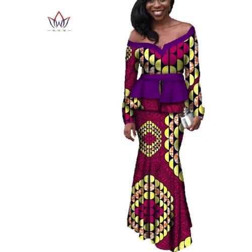 2021 Spring New Women African Clothing Cropped Tops & Mermaid Skirt 2 Pieces Long Sleeve Out Off Shoulder African Clothes WY616