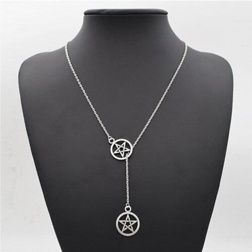 New Vintage Silver Color Double Pentagram Star Wiccan Pentacle Cross Lariat Pendant Wicca witchcraft charm Jewelry