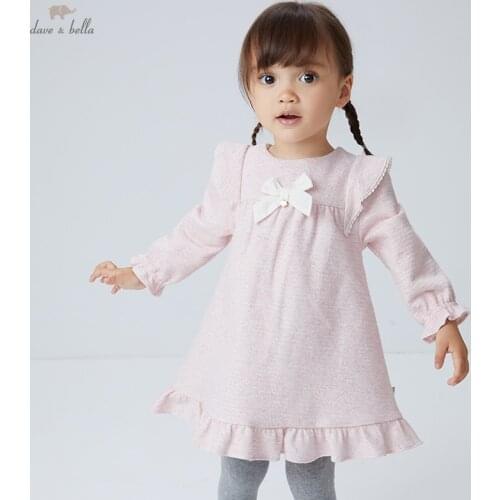 DB16708 dave bella autumn baby girls cute bow draped solid dress children fashion party dress kids infant lolita clothes