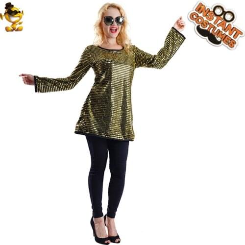 Hippie Dress for Women Party Cosplay 60s 70s Disco Gold Sequins Tunic Role Play Performance Clothing for Adult Female