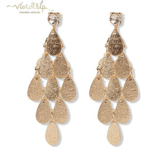 Bohemian Ethnic Luxury Waterdrop Sequins Multilayer Long Clip Earrings No Pierced For Women Wedding Party Dangle Ear Clips