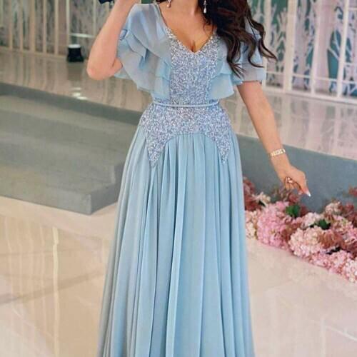 Blue prom dresses 2020 short sleeve ruffle chiffon beading sequins a line long evening dresses