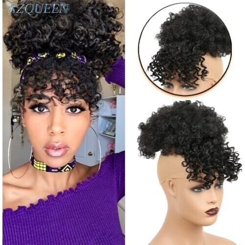 Afro High Puff Hair Bun Ponytail Drawstring With Bangs Synthetic Short Kinkys Curly Pineapple Pony Tail Clip in on Wrap Updo