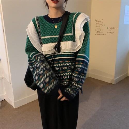 Koean Chic Knitted Sweater Autumn Winter Oversized Sweaters Women Full Sleeve Ruffle Vintage Knitwear Pullover Jumper Pull Femme