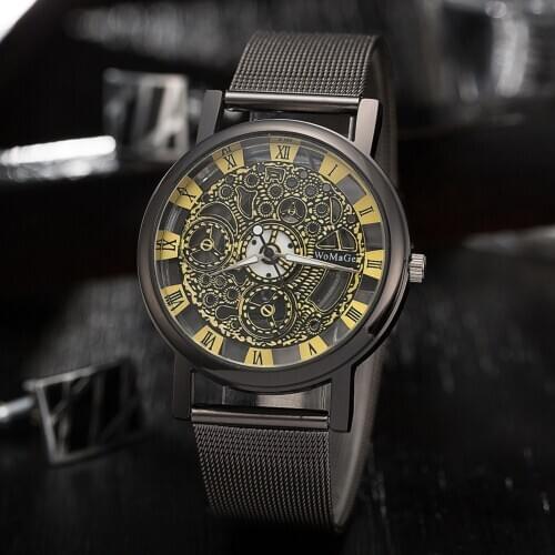Womage Personality Double Faced Hollow Quartz Mesh Steel With Atmosphere Roman Scale Mens Business Watch