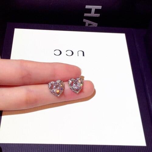 Stud Earrings For Women Yellow Gold S925 Silver Cute Heart Cubic Zirconia Wedding Engagement Promise Bridal Elegant Jewelry