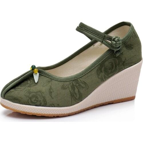 Vintage Soft Jacquard Cotton Ladies Wedge Platforms Pumps Comfort Women Handmade Embroidery Casual Shoes High Heels 7cm