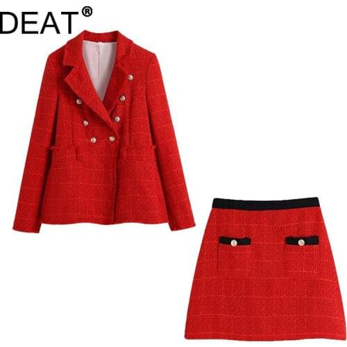 [DEAT] 2021 Autumn New Fashion Tide Turn-down Collar Double Breasted Blazer Mini A-line Skirts Women Two-piece Sets 13Z1604