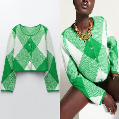 ZA 2021 Green Argyle Jacquard Knit Cardigan Women Long Sleeve Winter Cropped Cardigans Chic Buttoned FemaleKnitted Sweaters