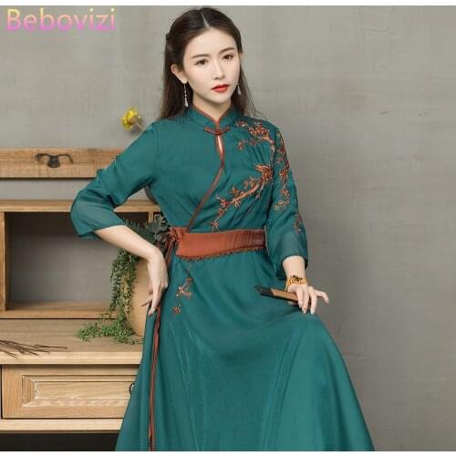 2021 Green Embroidery Chinese Traditional Hanfu Cheongsam Dress for Women Cosplay Ancient Chinese Costume Song Dynasty Clothes