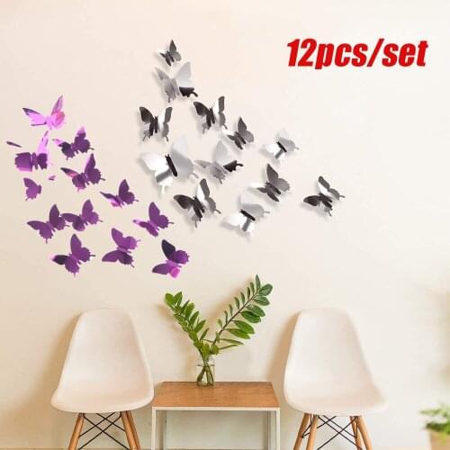 12pcs 3D Removable Mirror Butterfly Living Room Decoration Multicolor Stereo Mirror Surface Wall Sticker Wallpaper Home Decor