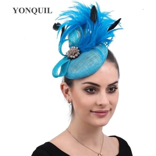 Turquoise Sinamay Women Elegant Fascinators Fancy Feathers Hat For Ladies Headpiece Party Tea Royal Race Hair Accessories SYF500